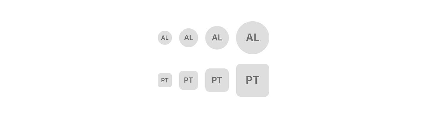 Sizes and shapes: Small to extra large, as circles for people and rounded squares for teams.