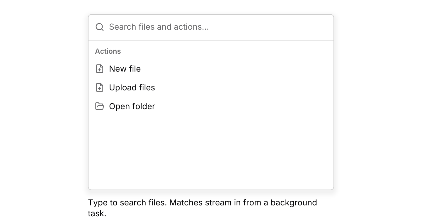 Async results: A background task streams file matches through the channel, tagged with their query. It waits with futures-timer, so it also runs in the browser.