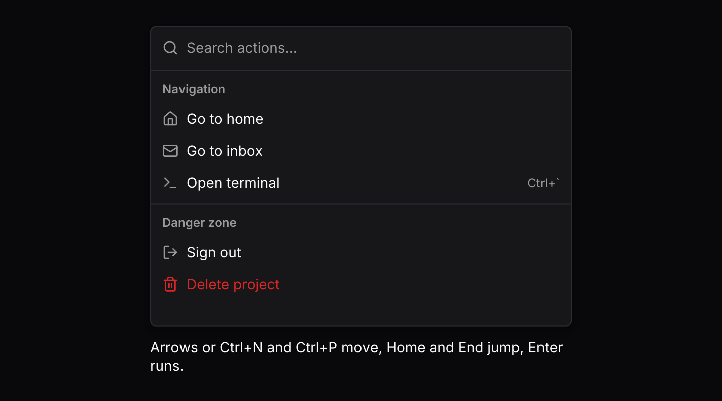 Keyboard shortcuts: The default keymap with Ctrl+N and Ctrl+P added. The list handles keys while its field has focus; the app routes the rest through keys::subscription.