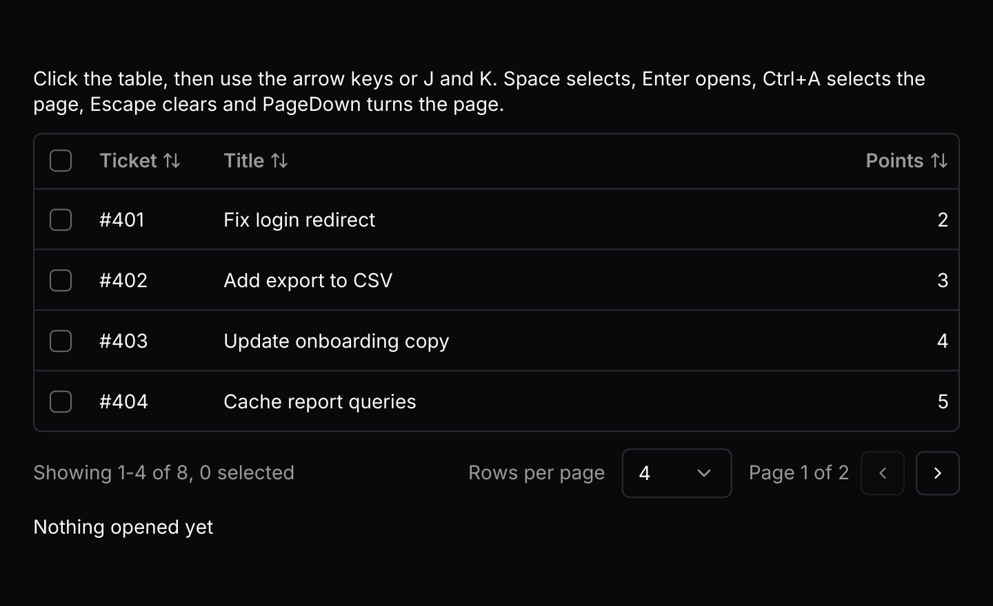 Keyboard shortcuts: The default keymap with J and K added. The table resolves keys only while it has focus, and the highlight moves on to the next page after the last row.
