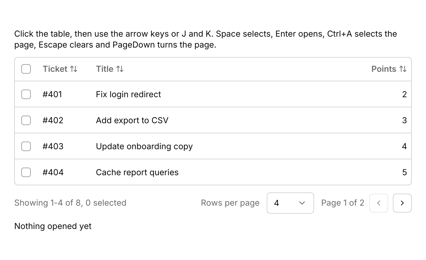 Keyboard shortcuts: The default keymap with J and K added. The table resolves keys only while it has focus, and the highlight moves on to the next page after the last row.