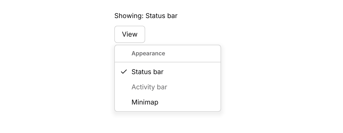 Checkbox items: Items that toggle a check mark, one of them disabled.