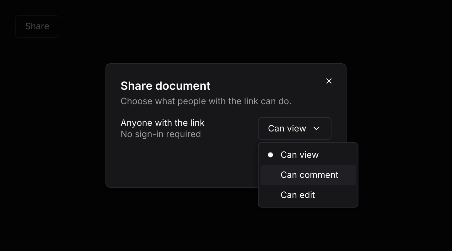 In a dialog: A menu inside a dialog. A click outside or Escape closes only the menu; the next one closes the dialog.