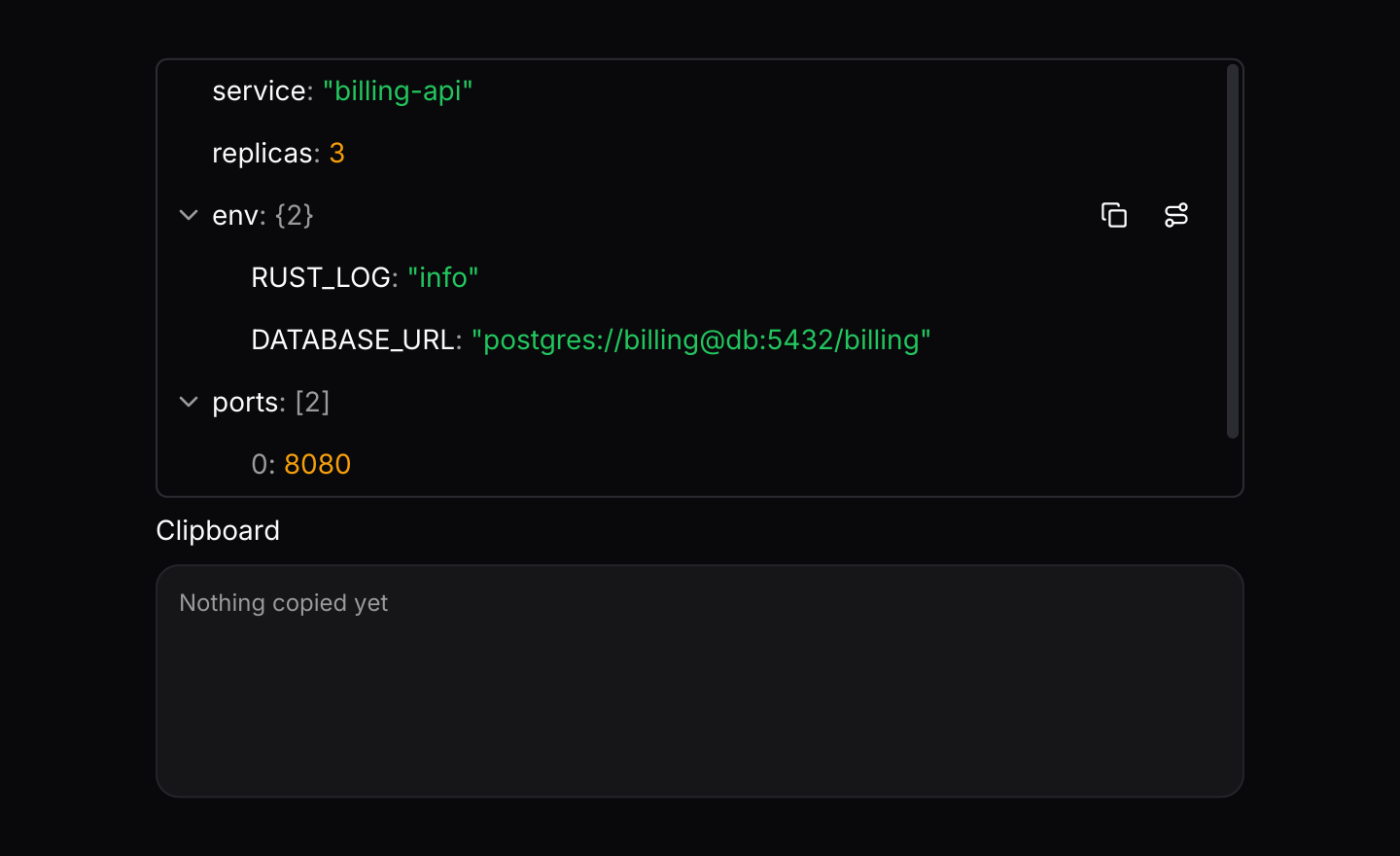 Copy values and paths: The highlighted row has buttons to copy its value as JSON or its path, and the context menu does the same. The app writes the text to the clipboard.