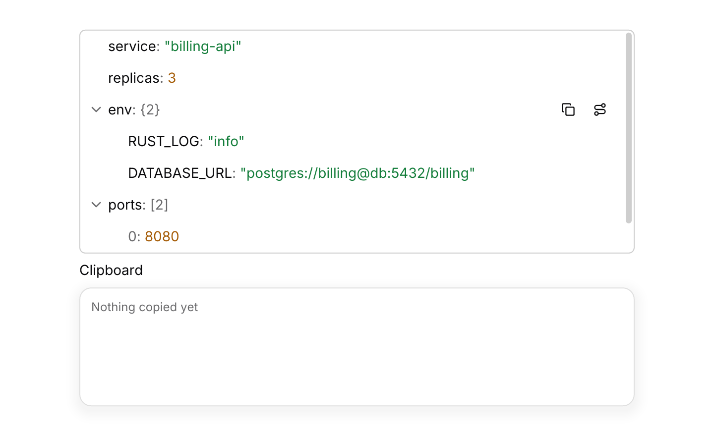 Copy values and paths: The highlighted row has buttons to copy its value as JSON or its path, and the context menu does the same. The app writes the text to the clipboard.