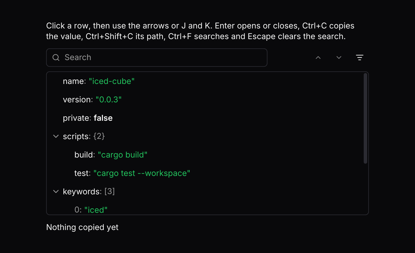 Keyboard shortcuts: The default keymap with J and K added. The viewer resolves keys only while it has focus.