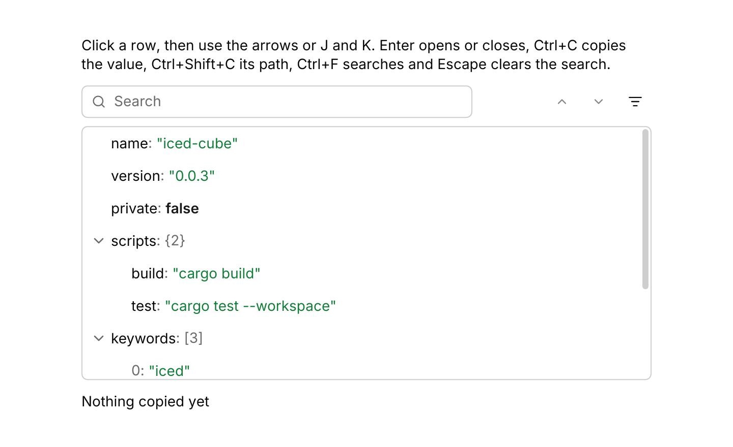 Keyboard shortcuts: The default keymap with J and K added. The viewer resolves keys only while it has focus.