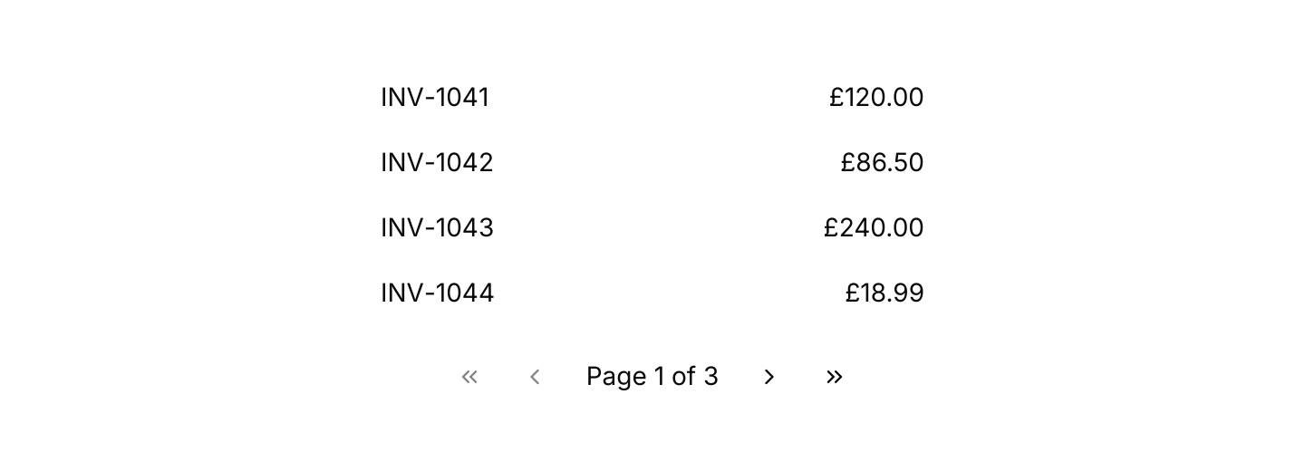 Compact: A position label between first, previous, next and last buttons, paging a short list.