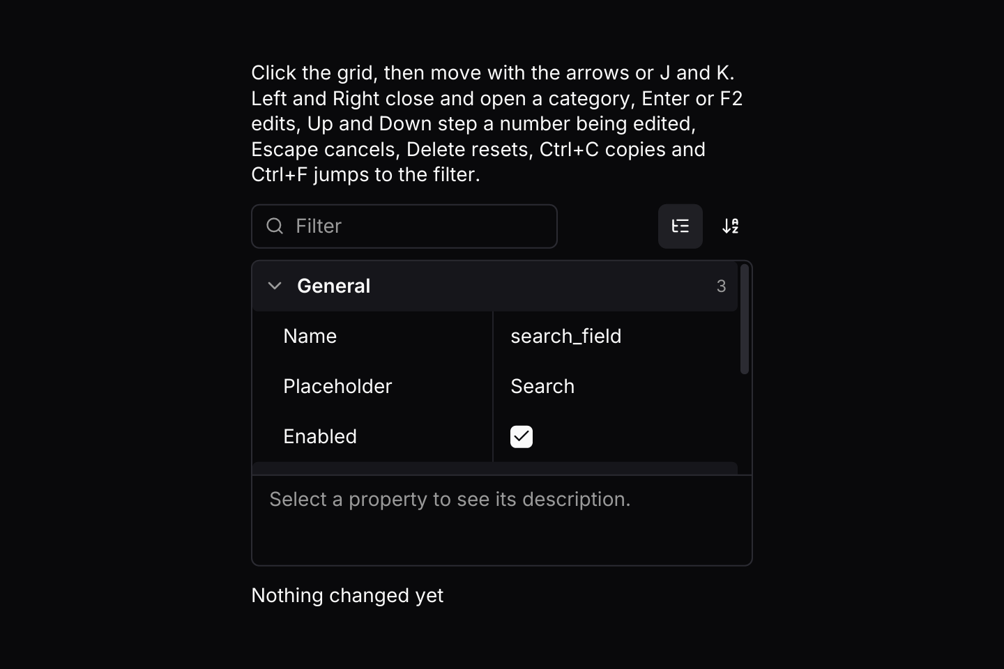 Keyboard shortcuts: The default keymap with J and K added. The grid resolves keys only while it has focus.