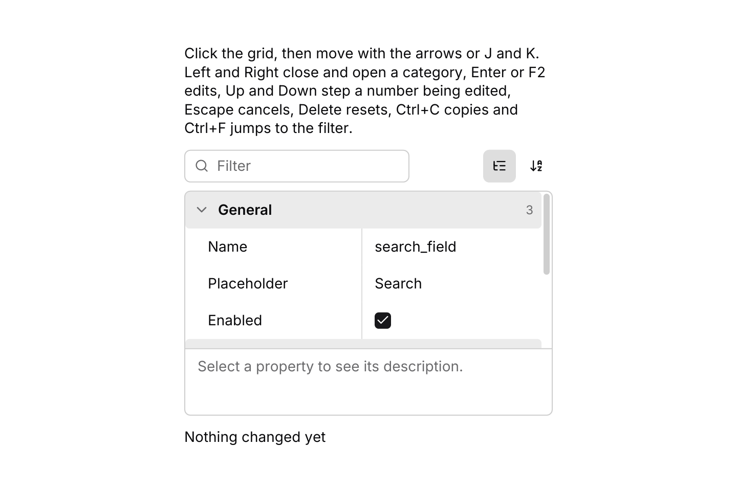 Keyboard shortcuts: The default keymap with J and K added. The grid resolves keys only while it has focus.