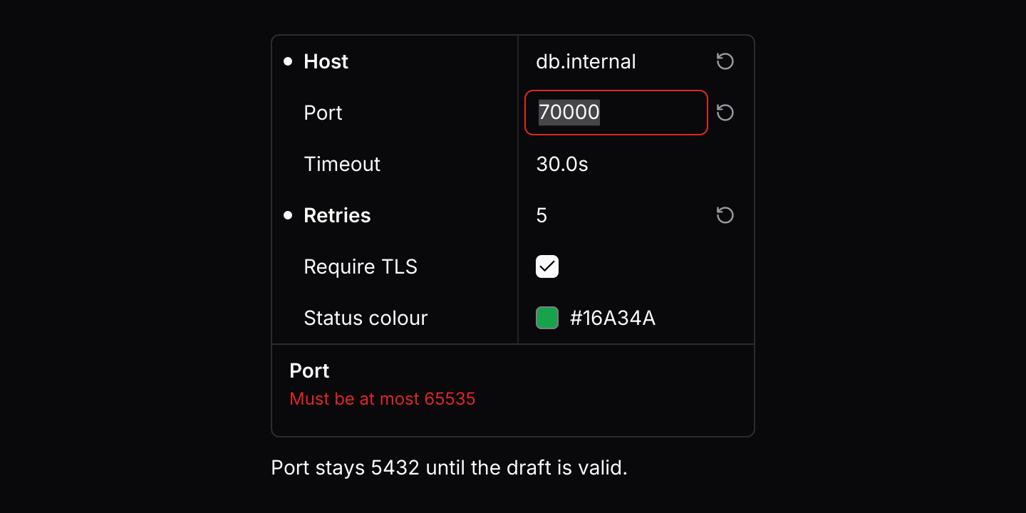 Validation and reset: An invalid port keeps its draft and shows why under the rows, without changing the value. Escape puts back the old value, and the reset buttons go back to the defaults.