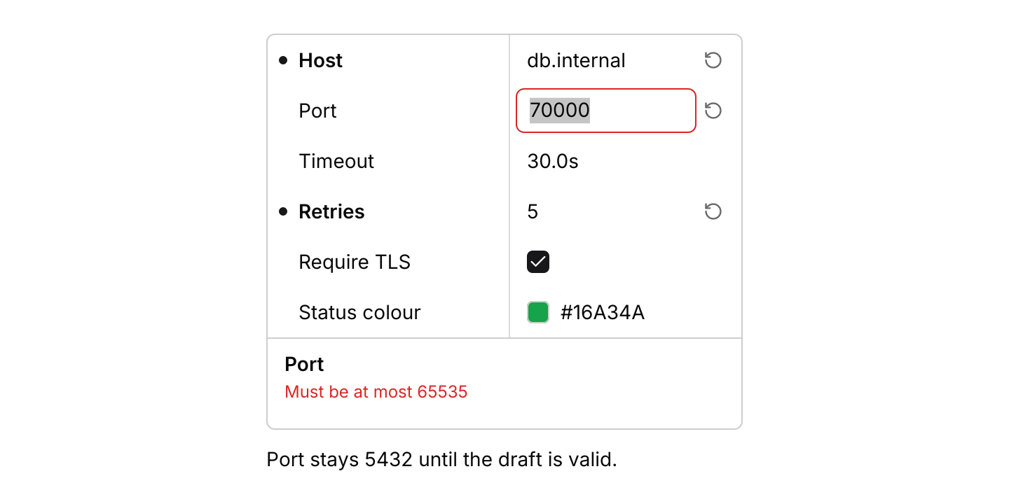 Validation and reset: An invalid port keeps its draft and shows why under the rows, without changing the value. Escape puts back the old value, and the reset buttons go back to the defaults.