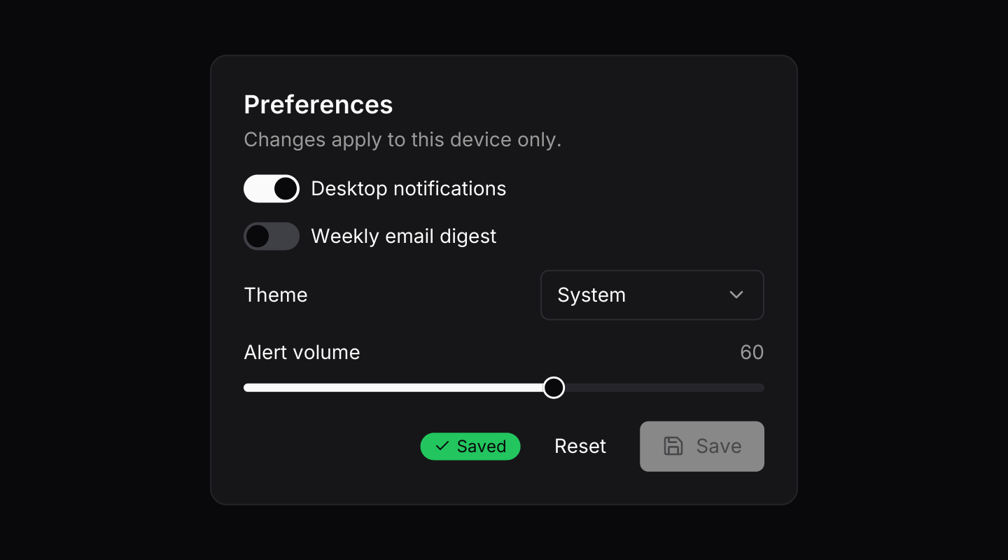 Preferences: Switches, a select, a slider, a badge and buttons working together in a card.