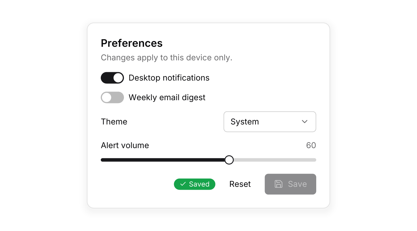 Preferences: Switches, a select, a slider, a badge and buttons working together in a card.