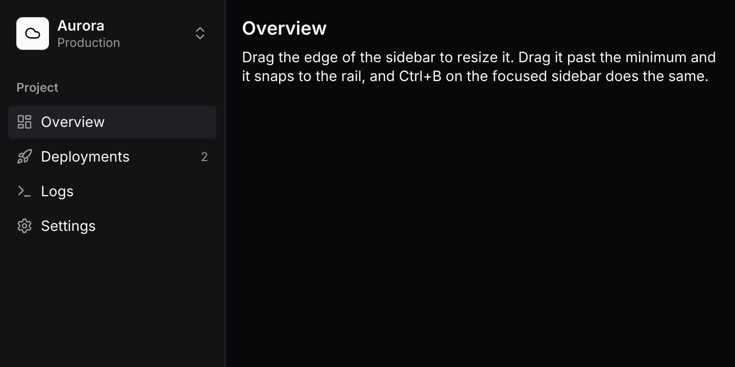 In a resizable panel: The sidebar fills a collapsible panel beside the page. Dragging the panel below its minimum snaps it to the width of the rail.