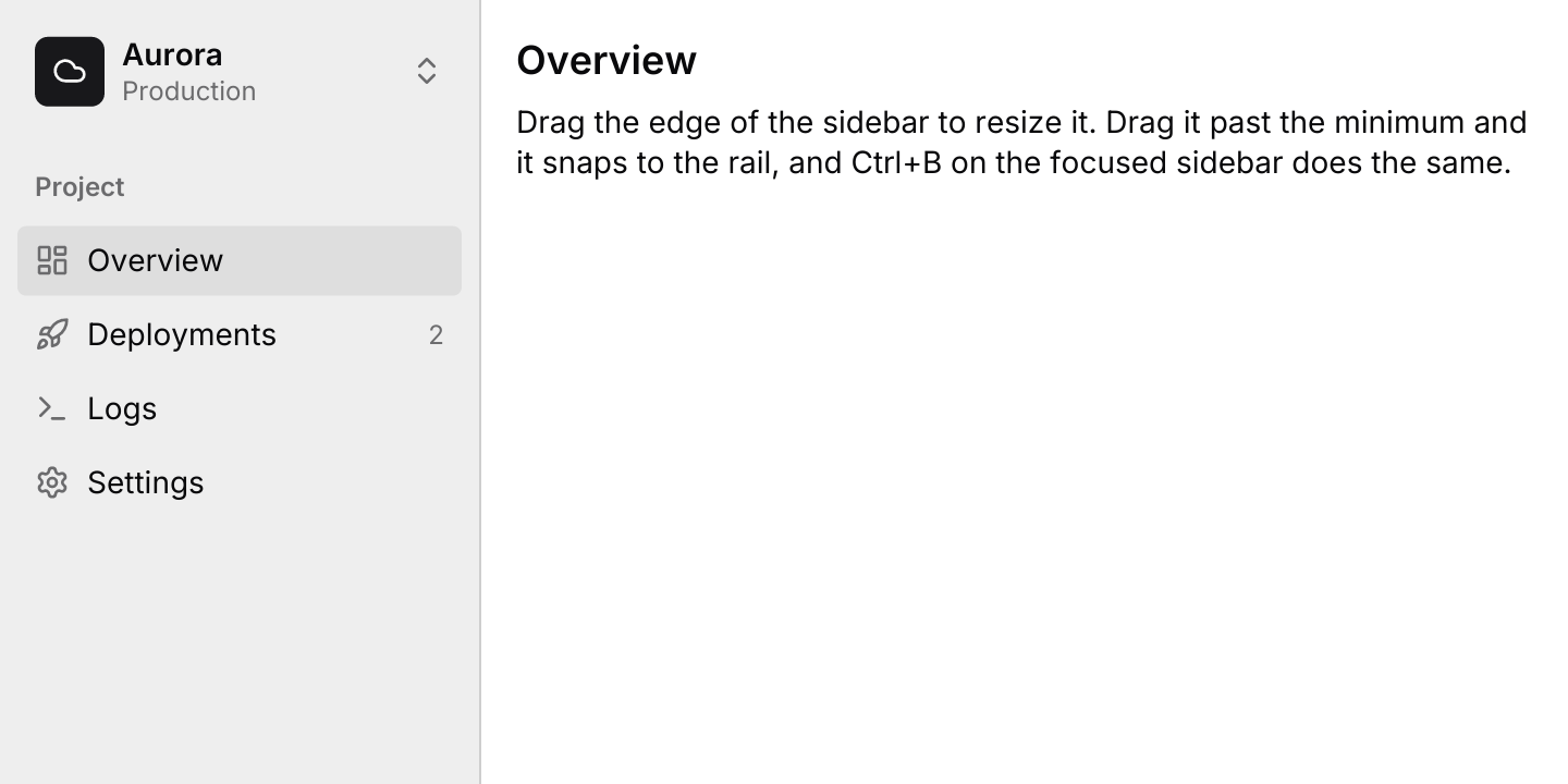 In a resizable panel: The sidebar fills a collapsible panel beside the page. Dragging the panel below its minimum snaps it to the width of the rail.
