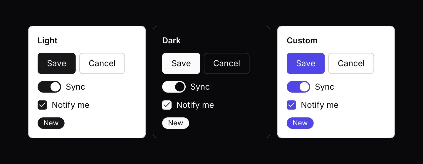 Light, dark and custom: The same controls under the light theme, the dark theme and a Config palette, side by side.