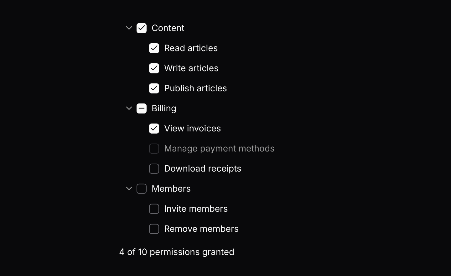 Checkboxes: Checking a group checks its members, and a group with some members checked shows a dash. The disabled permission keeps its state.