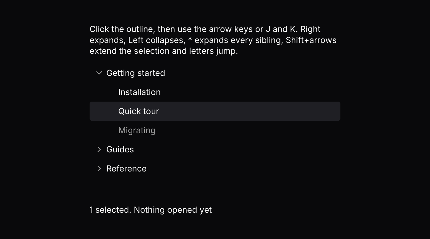 Keyboard shortcuts: A multiple selection driven by the default keymap with J and K added. The tree resolves keys only while it has focus.