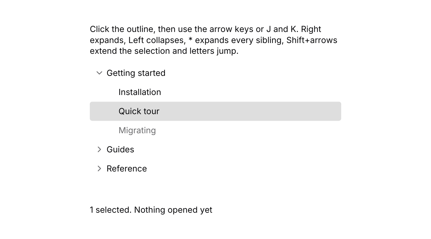 Keyboard shortcuts: A multiple selection driven by the default keymap with J and K added. The tree resolves keys only while it has focus.