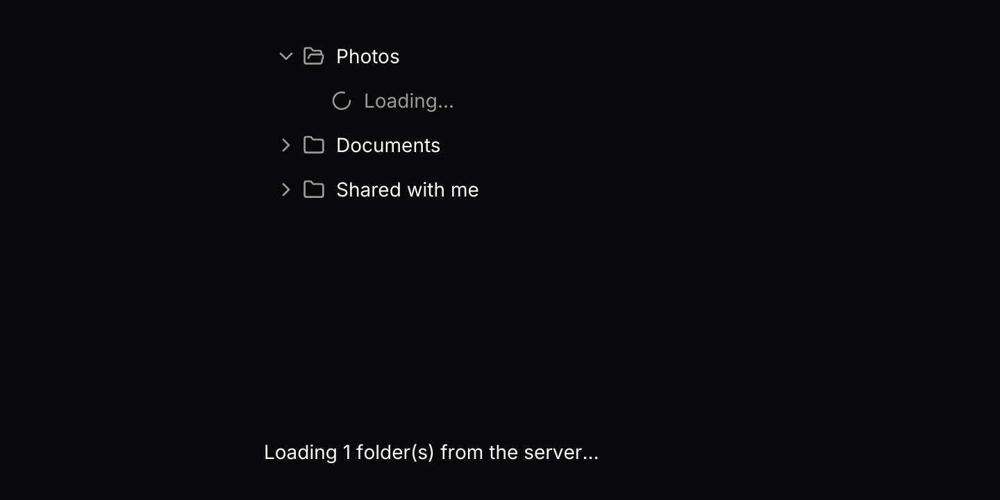 Lazy loading: Folders fetch their children when first opened. A simulated server sends them through the tree's channel after a short wait, using futures-timer so it also runs in the browser.